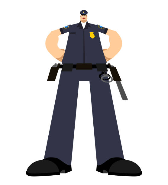 schwere große cop polizist. starke polizei, offizier. vektor-illustration - humor badge blue crime stock-grafiken, -clipart, -cartoons und -symbole