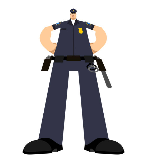 ilustrações de stock, clip art, desenhos animados e ícones de big cop. serious policeman. strong officer police. vector illustration - humor badge blue crime