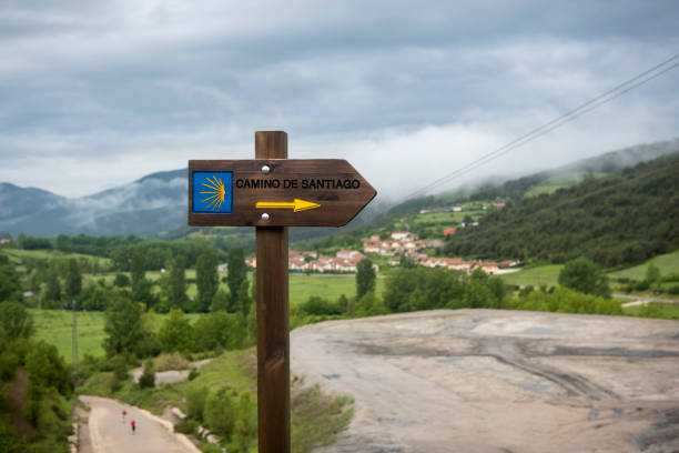 Camino de Santiago direction sign near Zubiri, Spain stock photo