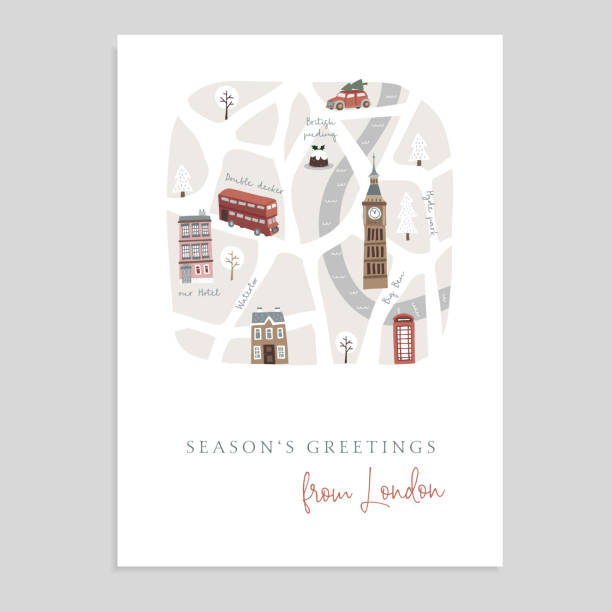 симпатичные рождественские поздравительные открытки, приглашение с картой лондона. рука обращается британских улиц, doubledecker, дома, автомоб� - london england christmas snow winter stock illustrations