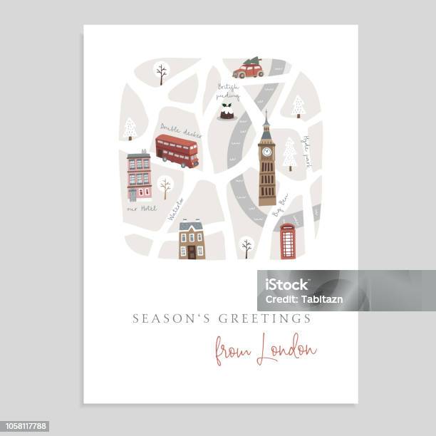 Cute Christmas Greeting Card Invitation With Map Of London Hand Drawn British Streets Doubledecker Houses Car And Big Ben Tower English Winter Design Vector Illustration Background Stock Illustration - Download Image Now