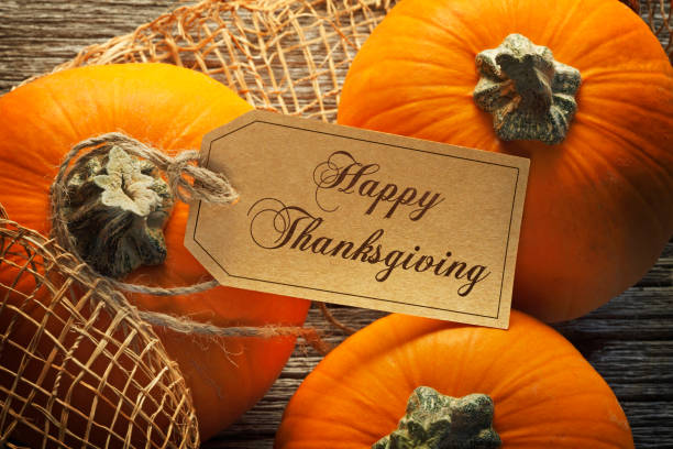 istock Happy Thanksgiving Tag Attached To Small Pumpkin 1058121770