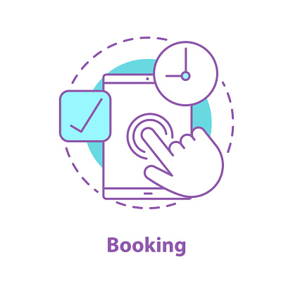 Booking concept icon. Vector idea thin line illustration. Digital planner. Tablet PC apps
