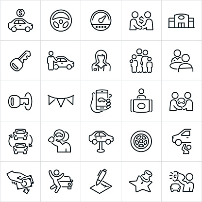 A set of automobile sales icons. The icons include a car salesman, car for sale, steering wheel, speedometer, deal, auto dealership, car key, family, negotiation, search, receptionist, car purchase, repair, car tire, money down, contract and vehicle to name a few.