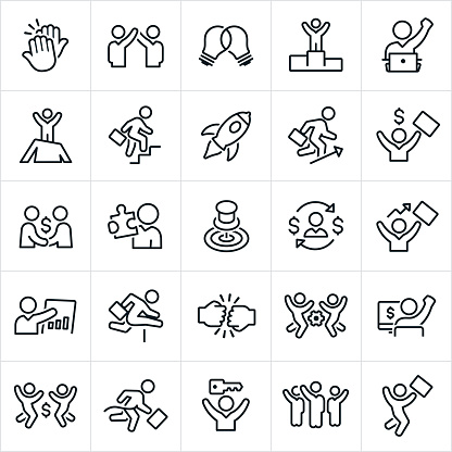 A set of business success icons in outlines. The icons include a high five, business person with arms raised, light bulb, businessman on top of a mountain, businessman climbing stairs, business person making a deal, fist bump, business person giving presentation, a business person winning a race and a business person holding the key to success just to name a few.