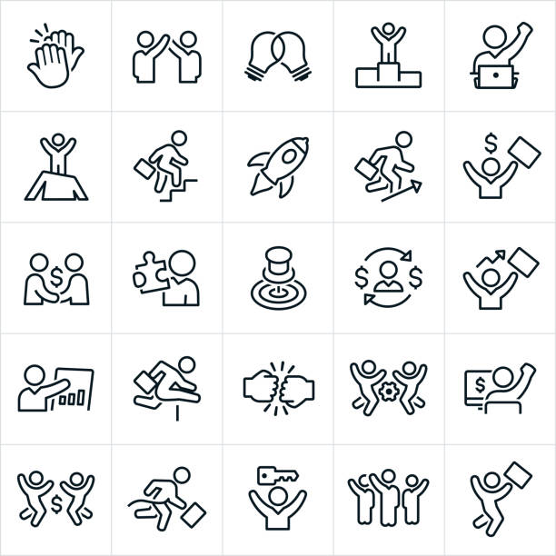Business Success Icons A set of business success icons in outlines. The icons include a high five, business person with arms raised, light bulb, businessman on top of a mountain, businessman climbing stairs, business person making a deal, fist bump, business person giving presentation, a business person winning a race and a business person holding the key to success just to name a few. sales win stock illustrations