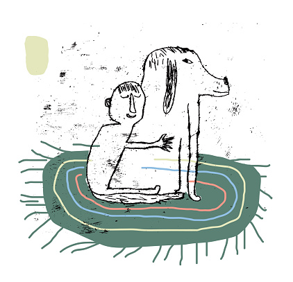 Simple drawing of man and animal relationship. Love. Care