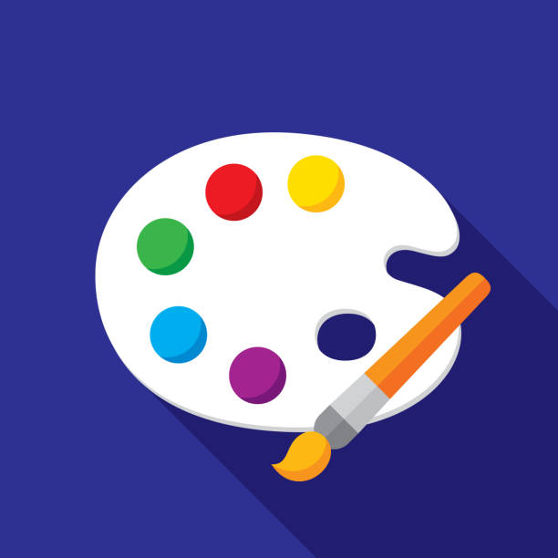 Paint Palette Icon Flat Vector illustration of a paint palette with paintbrush against a blue background in flat style. oil paint palette stock illustrations