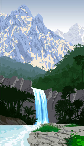 bildbanksillustrationer, clip art samt tecknat material och ikoner med vektor vackra vattenfall i djungeln rainforest berg - forsmark