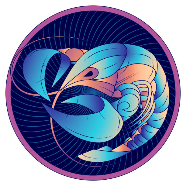 Cancer zodiac sign, horoscope symbol blue, vector Cancer zodiac sign, astrological, horoscope symbol. Futuristic style icon. Stylized graphic blue crayfish swimming in a circle, side view, with large chelas, tail and mustache. Vector illustration. cancer astrology sign stock illustrations