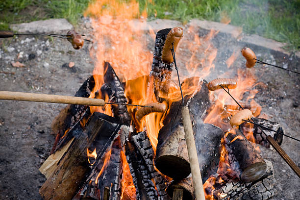 Campfire with sausages stock photo