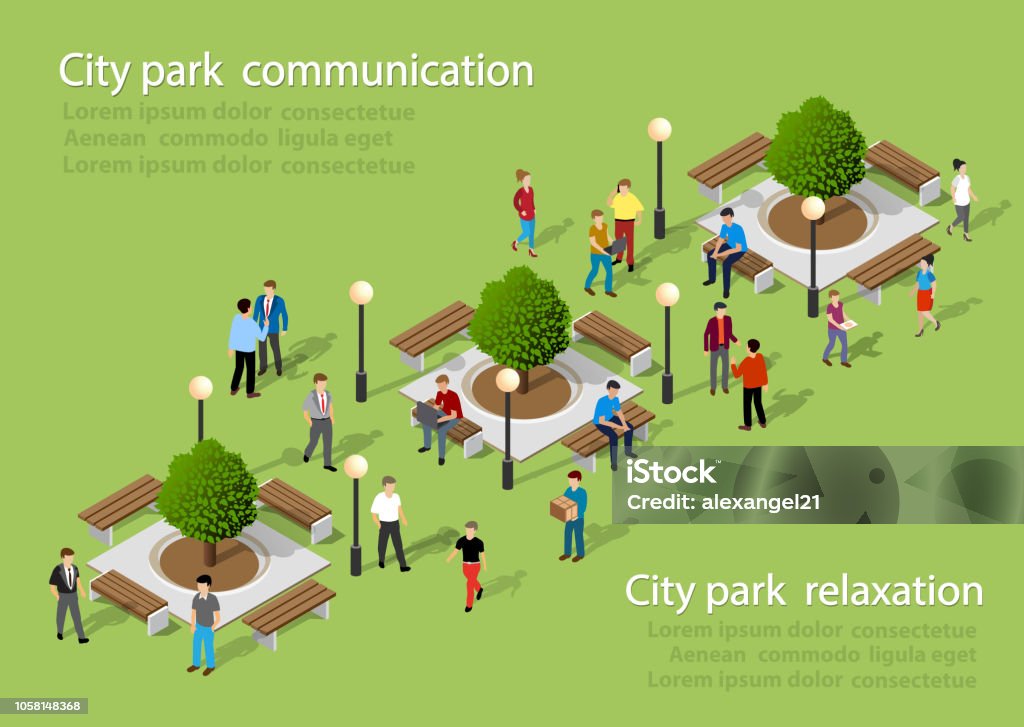 Isometric people lifestyle Isometric people lifestyle communication in an urban environment in a park Isometric Projection stock vector