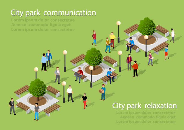 Isometric people lifestyle Isometric people lifestyle communication in an urban environment in a park science and technology park stock illustrations