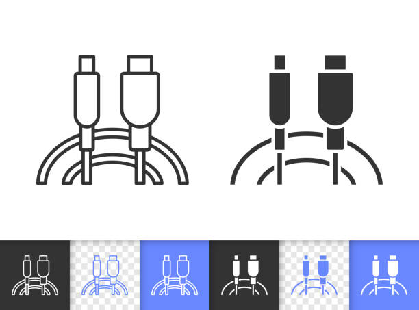 ilustraciones, imágenes clip art, dibujos animados e iconos de stock de icono de vector de línea simple negro usb cable - cable audio equipment electric plug computer cable