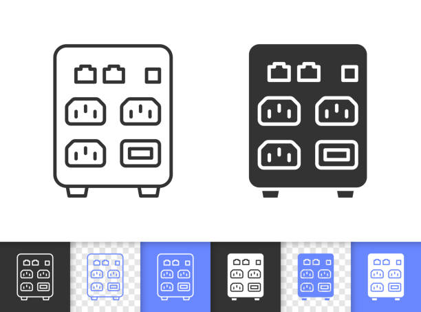 Computer Ups simple black line vector icon Ups black linear and silhouette icons. Thin line sign uninterruptible power supply. Box outline pictogram isolated on white color, transparent background. Vector Icon shape. Ups simple symbol close-up ups power supply stock illustrations