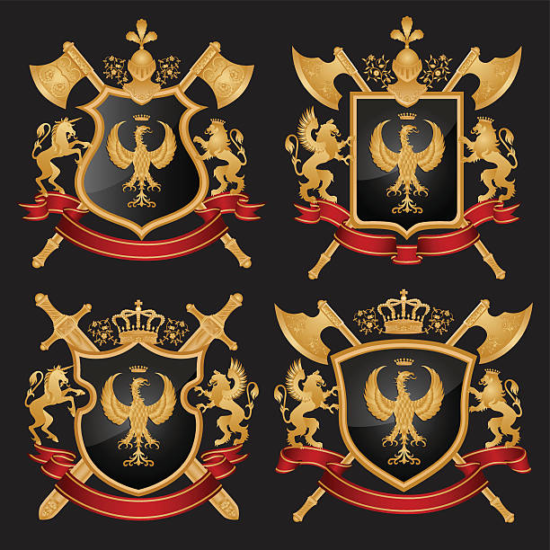 щит герба - heraldic griffin sword crown stock illustrations