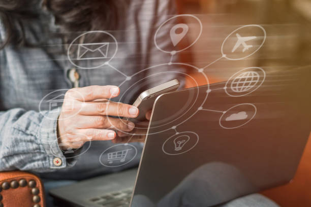 istock Digital marketing via multi-channel communication network icon on mobile smartphone application technology 1058161242