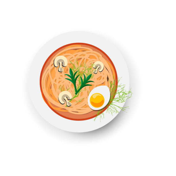 ミネストローネ、イタリア野菜、白い背景で隔離のパスタときのこのスープ。平面図です。イタリアのスパゲティ スープ卵、緑キノコ アイコンと - minestrone点のイラスト素材／クリップアート素材／マンガ素材／アイコン素材