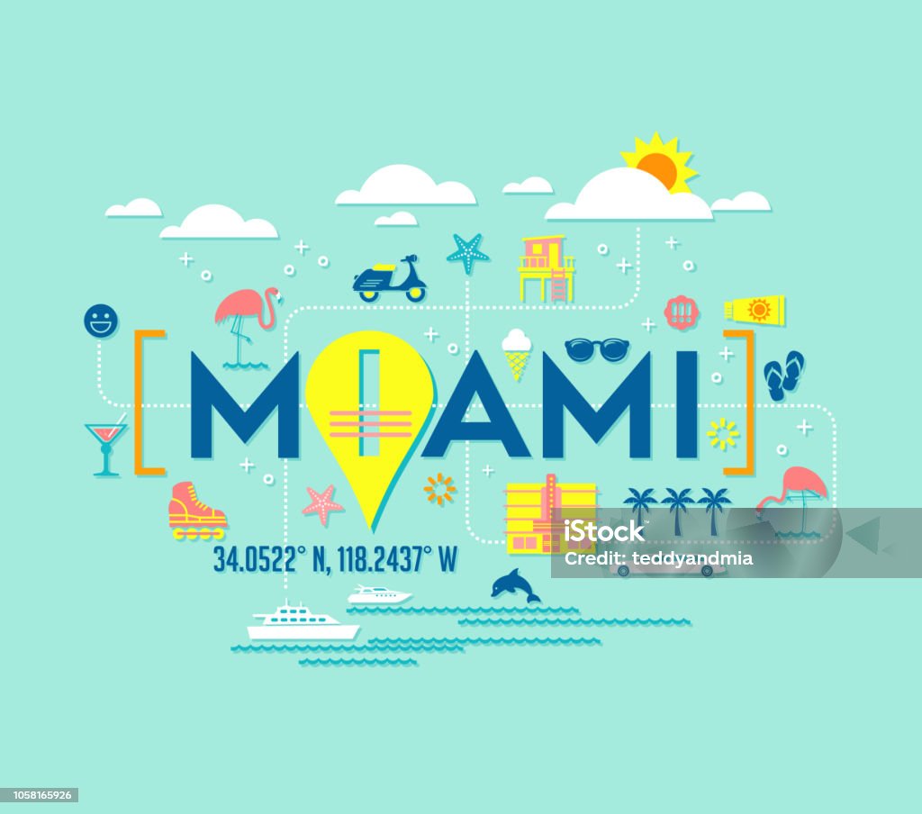 Miami, Florida vector design of attractions icons, and typography. Miami, Florida vector design of attractions icons, and typography. For t-shirts, cards, banners, posters. Miami stock vector