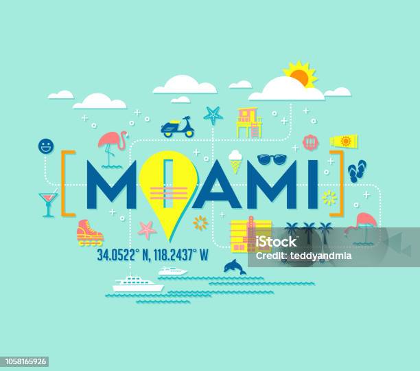 Miami Florida Vector Design Of Attractions Icons And Typography Stock Illustration - Download Image Now