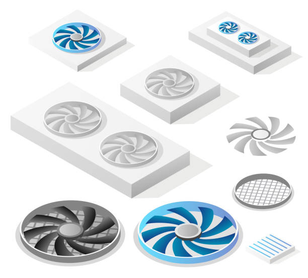 A set of isometric computer fans A set of isometric computer fans components, industrial equipment. electric fan stock illustrations