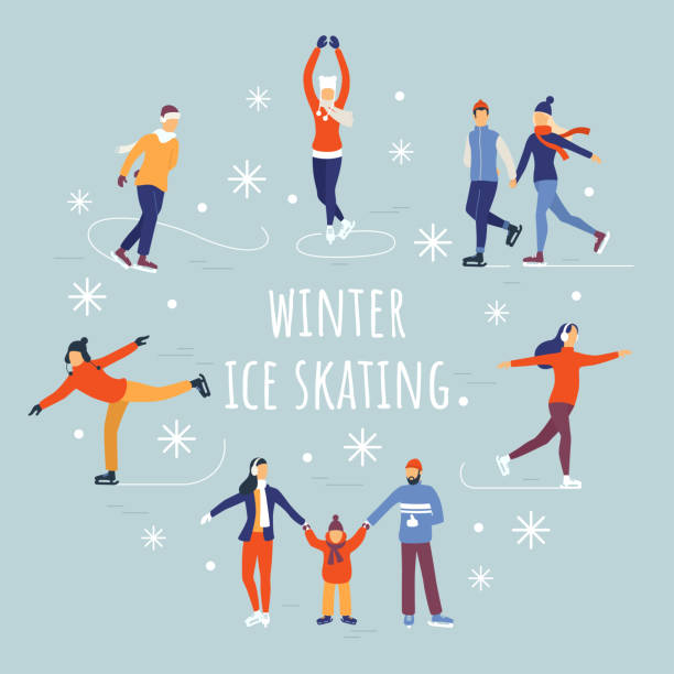 ilustraciones, imágenes clip art, dibujos animados e iconos de stock de ilustración de vector de patinaje sobre hielo de personas. pista de hielo invierno fiesta con personajes de dibujos animados y la nieve que cae. composición plana para su diseño. 10 eps. - ice skating
