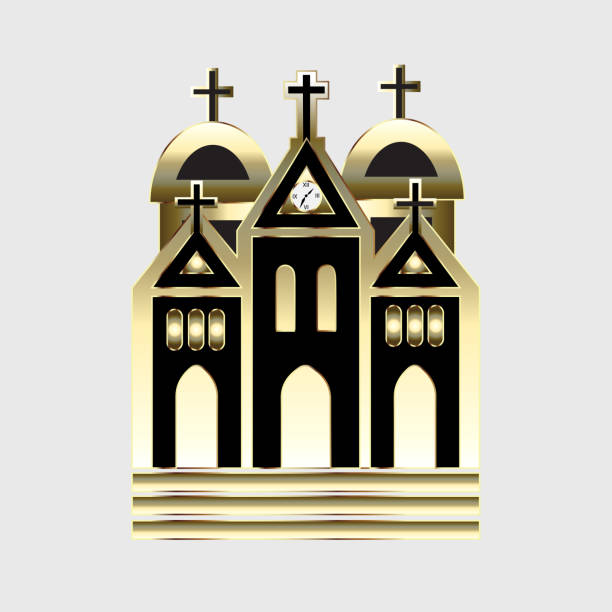 illustrazioni stock, clip art, cartoni animati e icone di tendenza di vettore logo in oro della cattedrale della chiesa - cross shape built structure building exterior apartment