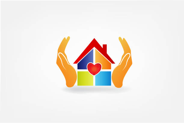 Logo hands and house with a heart love vector image Logo hands protecting a house with a heart love icon identity id cards vector image business architecture blue people stock illustrations