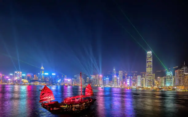 Hong Kong cityscape and barque at night show over Victoria Harbour.