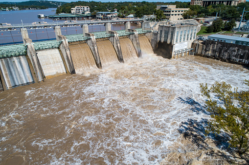 Aerial drone view at the Dam Releasing Flood waters - Austin Flooding at Tom Miller Dam