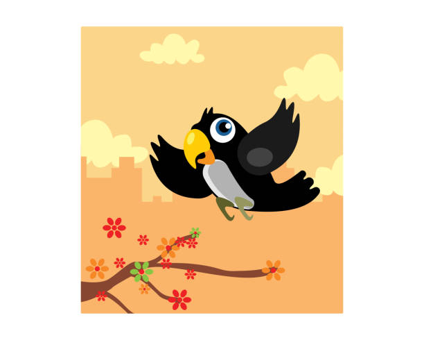 ilustrações, clipart, desenhos animados e ícones de cute e adorável corvo ou corvo voando em um galho de árvore, ao entardecer, personagem de desenho animado - branch bird flying pets