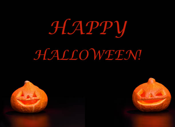 Text Happy Halloween and Two Pumpkins on a Black Background. Board design. Copy space