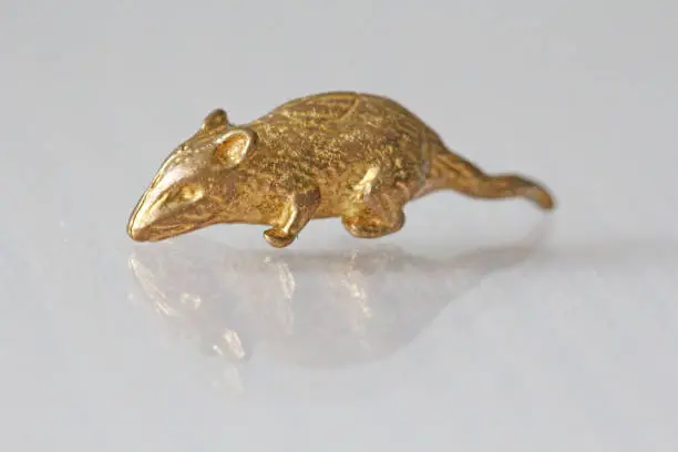 Photo of The figurine is a mouse of golden color. Mouse made of bronze or brass