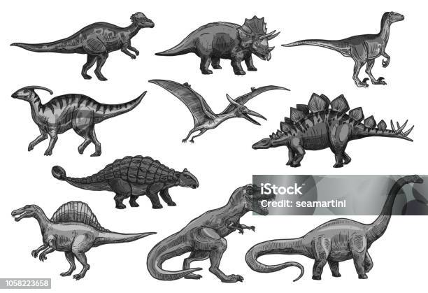 Vector Sketch Dinosaurs Icons Set Stock Illustration - Download Image Now - Apatosaur, Dinosaur, Diplodocus