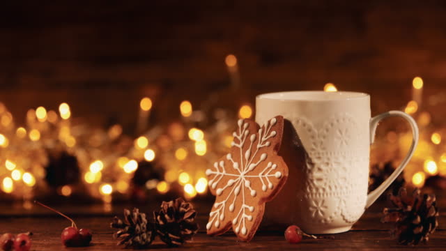 Christmas or New Year composition with cocoa, gingerbread cookies and christmas decorations