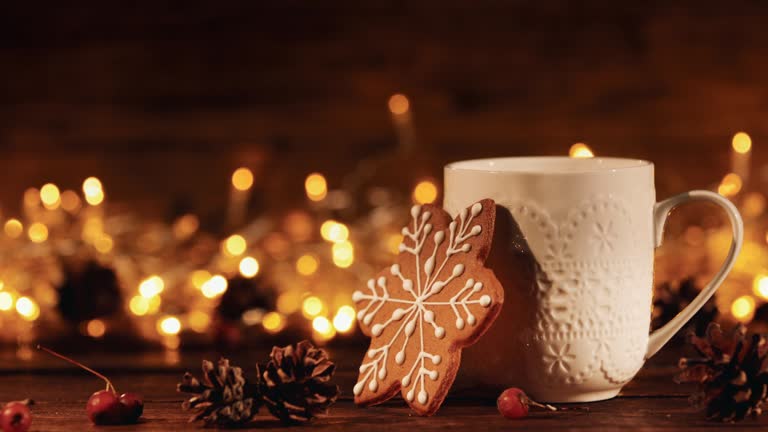Christmas or New Year composition with cocoa, gingerbread cookies and christmas decorations