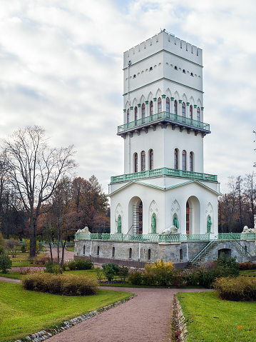 St. Petersburg, Russia, autumn 2017: Pushkin city, Alexander Park. The building of the historical complex White Tower