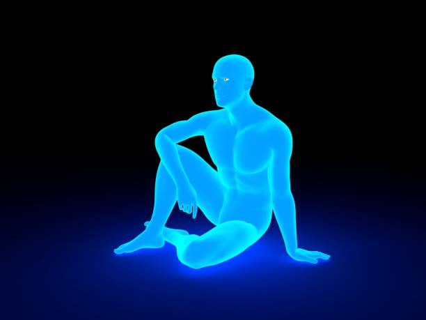 istock Man sitting on the ground. 3D rendering illustration. Luminance effect 1058234932