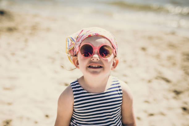 istock Smiling little girl on beach 1058241228