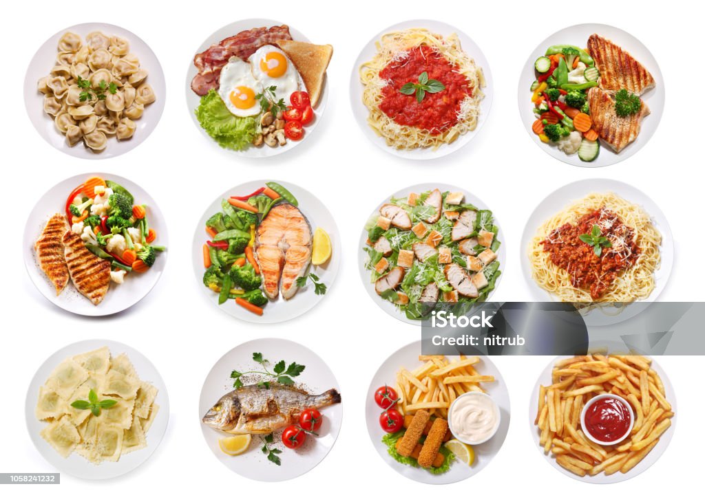 varios platos de comida aislada sobre fondo blanco, vista superior - Foto de stock de Alimento libre de derechos