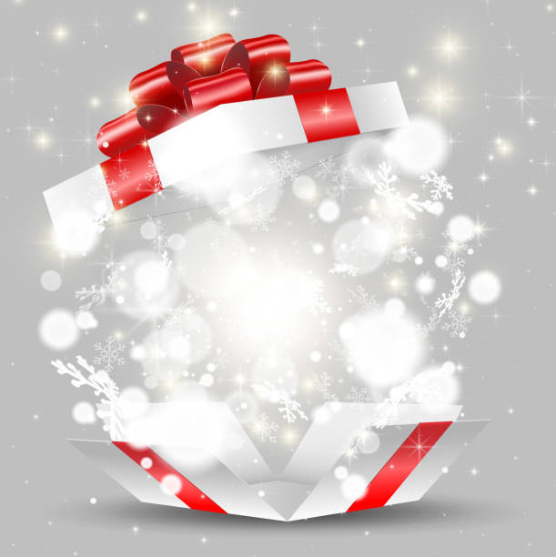 illustrazioni stock, clip art, cartoni animati e icone di tendenza di scatola regalo bianca aperta con fiocchi di neve e luci - christmas present bow christmas snowflake