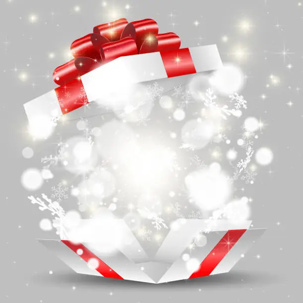 Vector illustration of Open white gift box with snowflakes and lights
