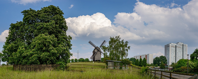 The post mill is a reconstruction of the original 19th century building and is used as a wedding location - Panorama from 3 pictures - additional keywords: nature in the city