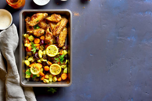 Grilled vegetables with chicken wings