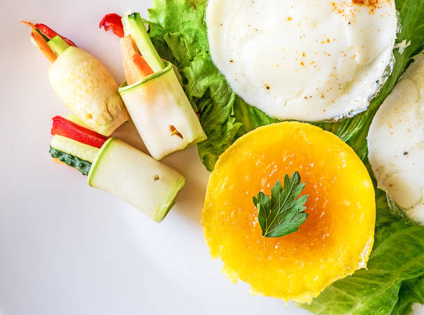 istock Fried eggs on a green leaf with rolled salad on white plate, view from above 1058245490