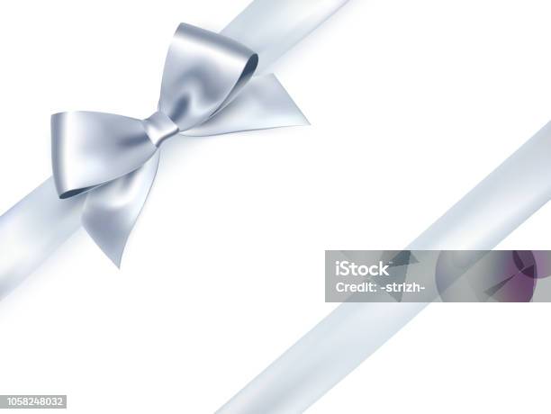 Shiny Satin Ribbon On White Background Vector Silver Bow Stock Illustration - Download Image Now