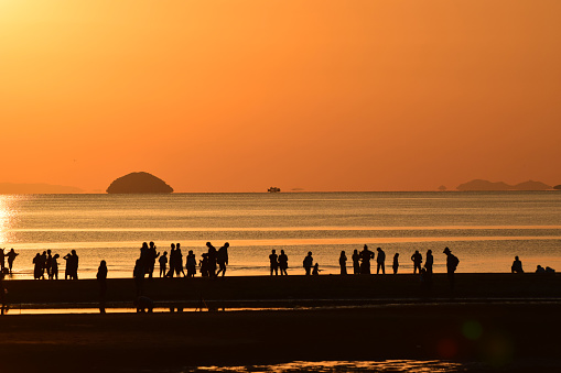 Silhouette of many people on a sea beach. reflection on a beach