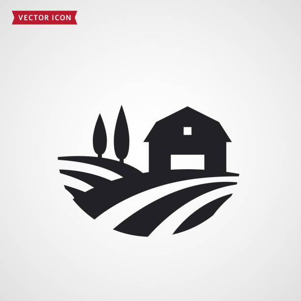 illustrazioni stock, clip art, cartoni animati e icone di tendenza di fienile agricolo e campi. icona vettoriale dell'agriturismo. - barn