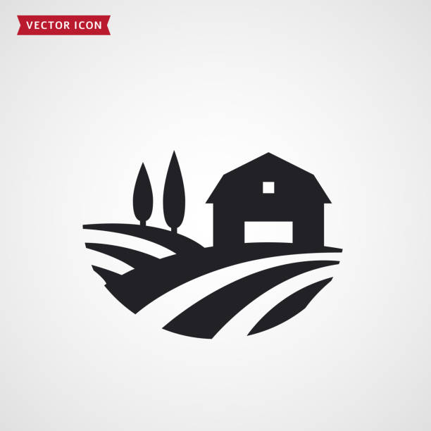 Farm barn and fields. Farmhouse vector icon. Farm symbol with barn, trees and fields. Farmhouse logo. Rural landscape. Vector icon. farm stock illustrations