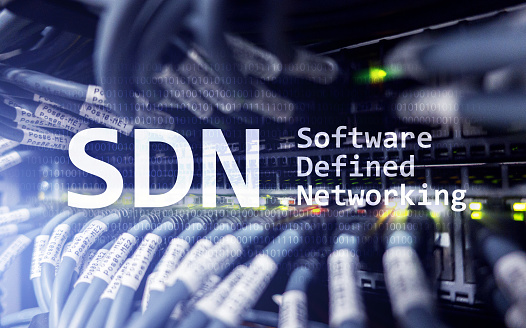SDN, Software defined networking concept on modern server room background.?